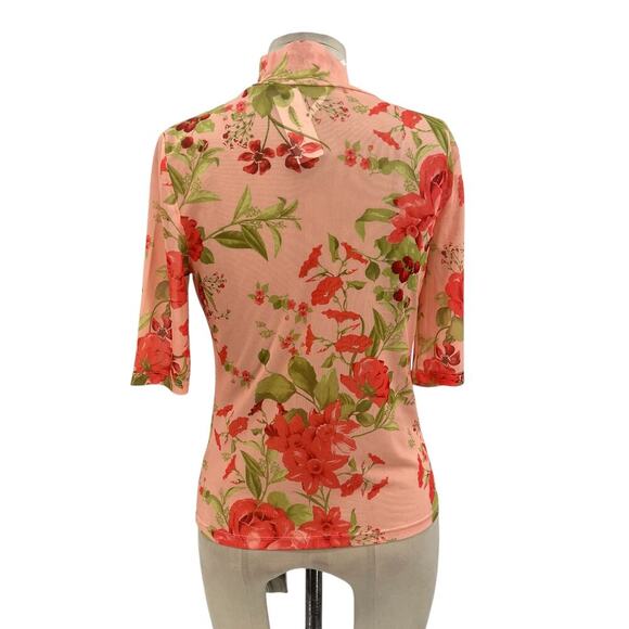 Anthropologie Half-Sleeve Mesh Top Tee Floral Print Peach Pink Red Size Small - Picture 7 of 12